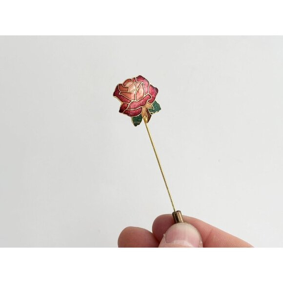 Cloissone Floral Rosebud Vintage Gold Toned Oval Vintage Stick Pin | Hat Pin - Picture 6 of 10